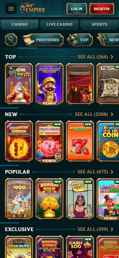 MyEmpire Casino games lobby on a mobile device