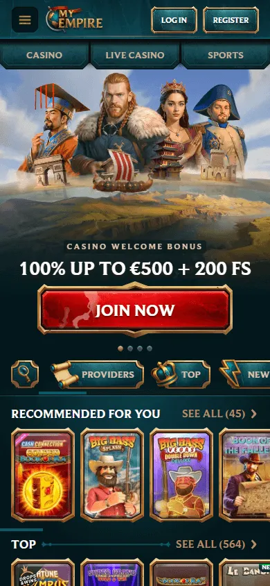 MyEmpire Casino homepage on a mobile device