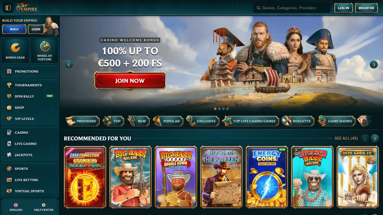 MyEmpire Casino homepage on desktop
